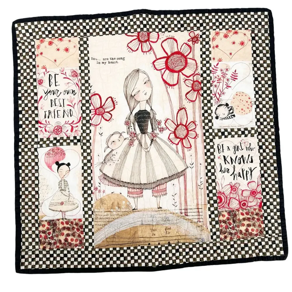 Love is Spoken Here Mother Daughter Floral Girl Quote Checkered Fabric Wall Art